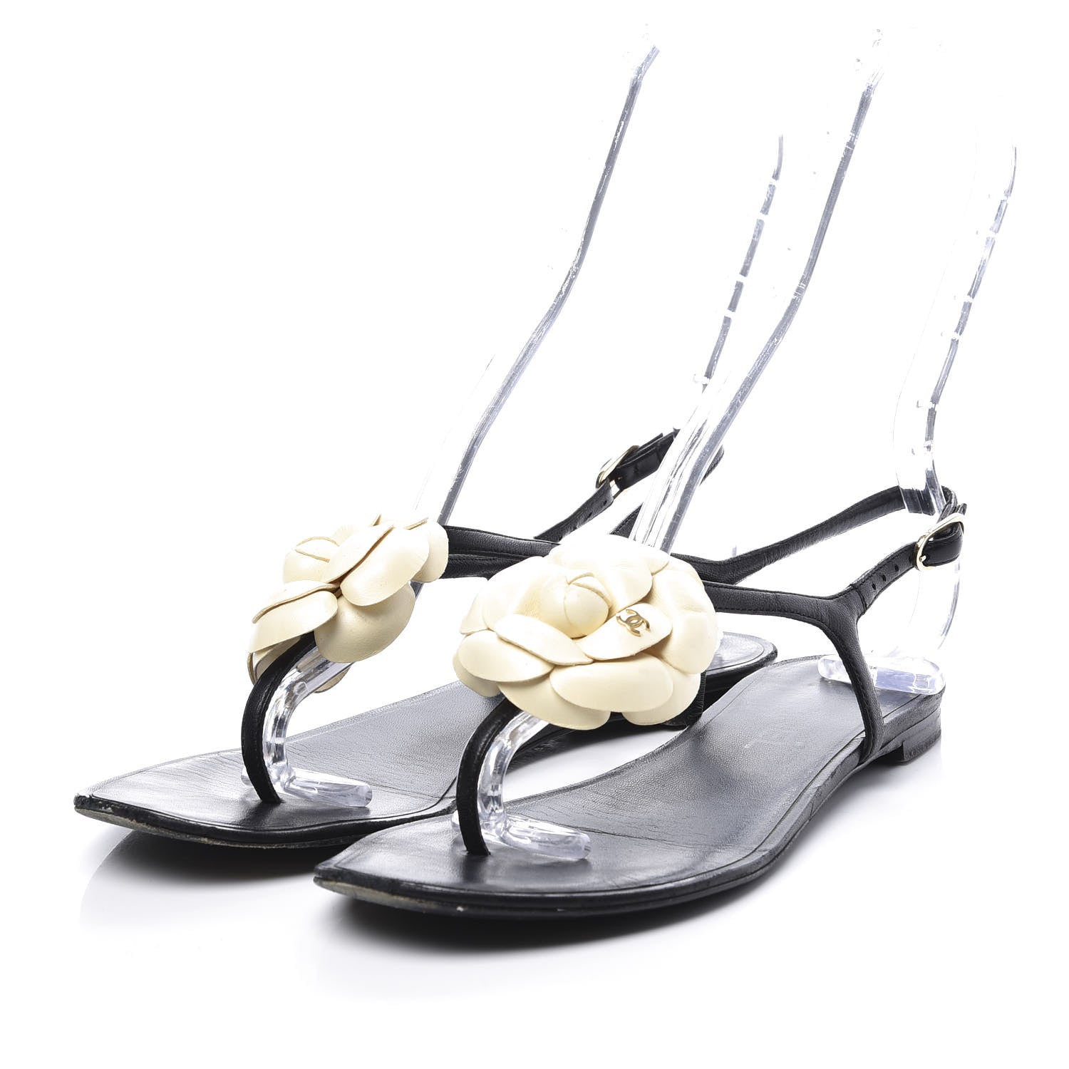 Chanel Lambskin Camellia Thong Sandals 37.5 Black White 2 of 9