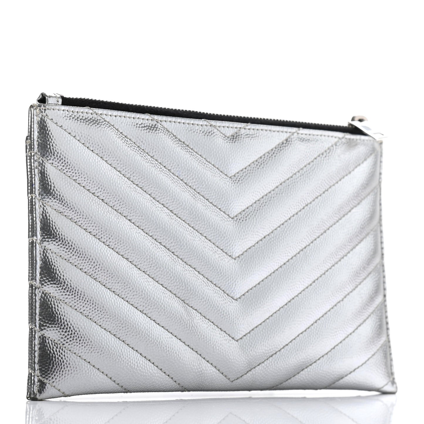 Metallic Grain De Poudre Matelasse Chevron Monogram Bill Pouch Argento
