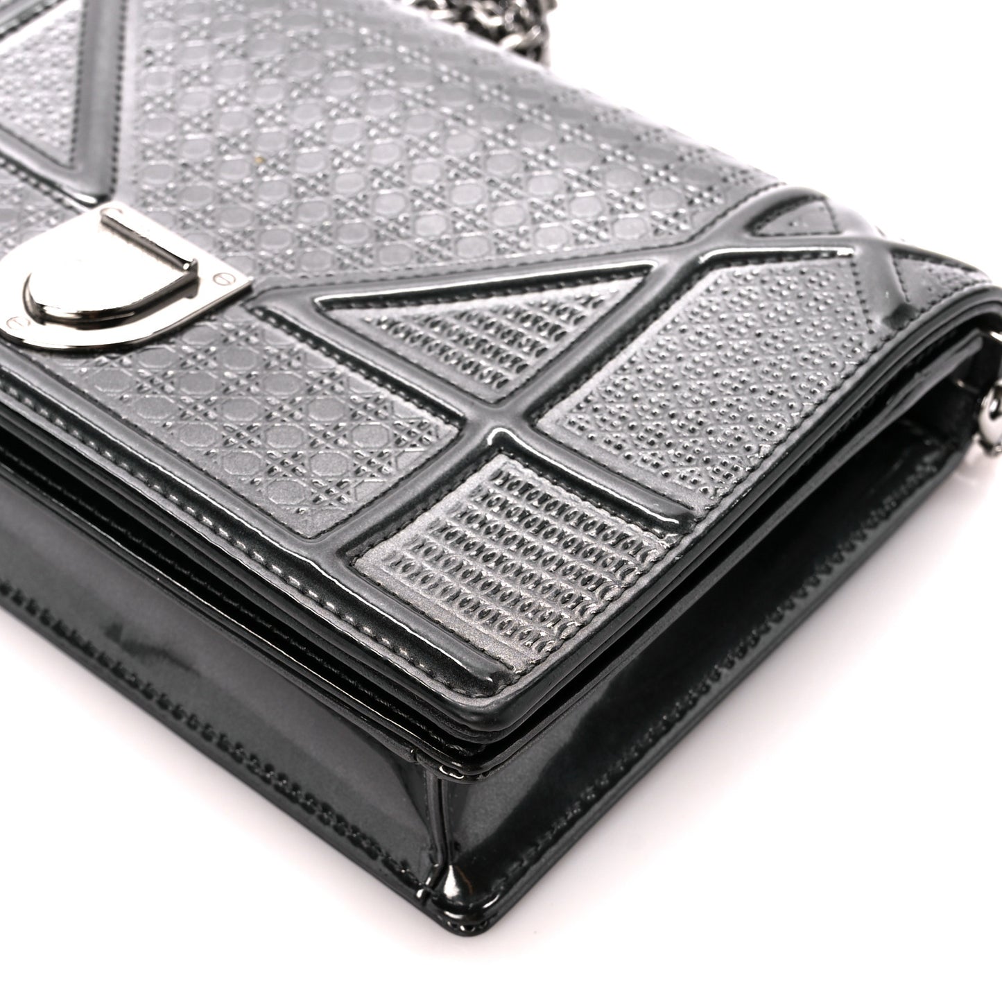 Metallic Patent Micro-Cannage Diorama Wallet on Chain Pouch Onyx Black