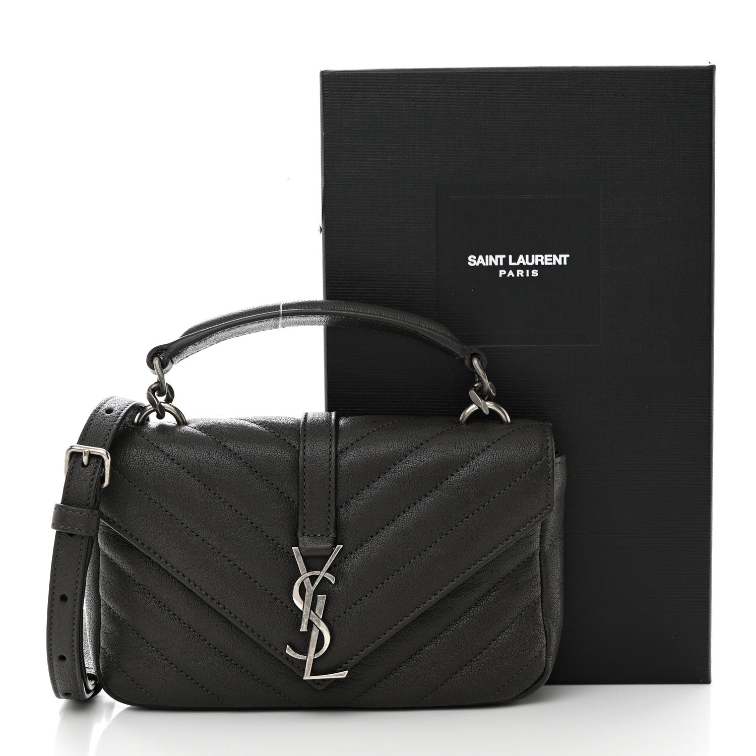 Saint Laurent Sheepskin Matelasse Chevron Monogram College Chain Wallet Coal 11 of 11