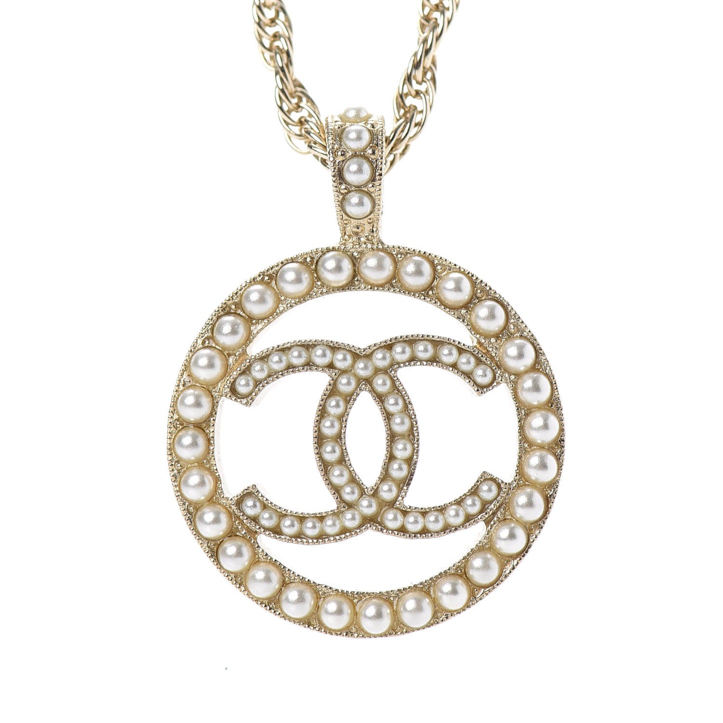 Pearl CC Round Pendant Necklace Gold