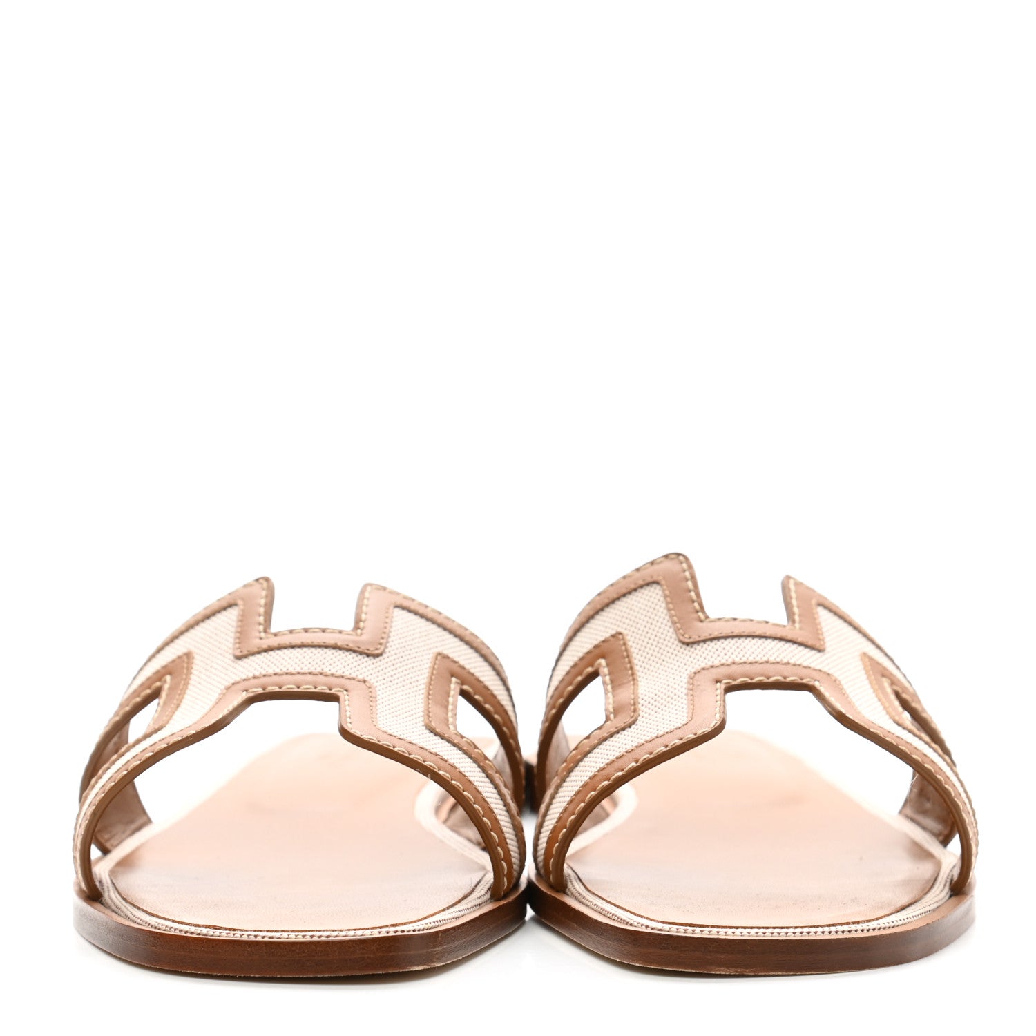 Hermes Calfskin Canvas Oran Sandals 37 Noisette Beige Dore 2 of 9