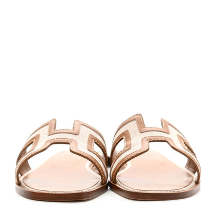 Hermes Calfskin Canvas Oran Sandals 37 Noisette Beige Dore 2 of 9