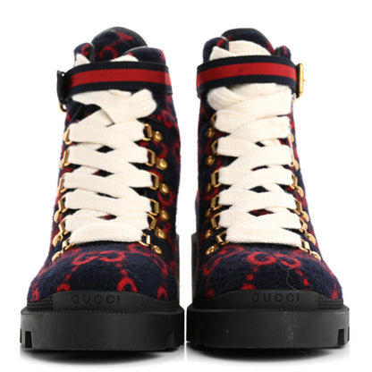 Gucci Covered Wool Big GG Monogram Womens Lace Up Combat Ankle Boots 37 Blue Red 3 of 9
