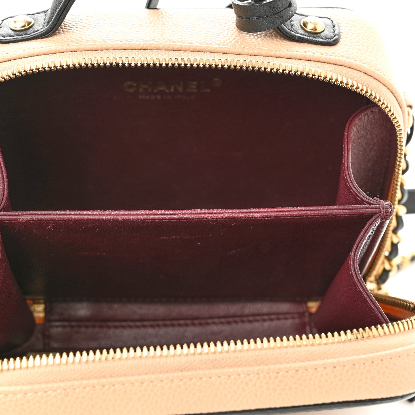 Caviar Quilted Small CC Filigree Vanity Case Beige Black