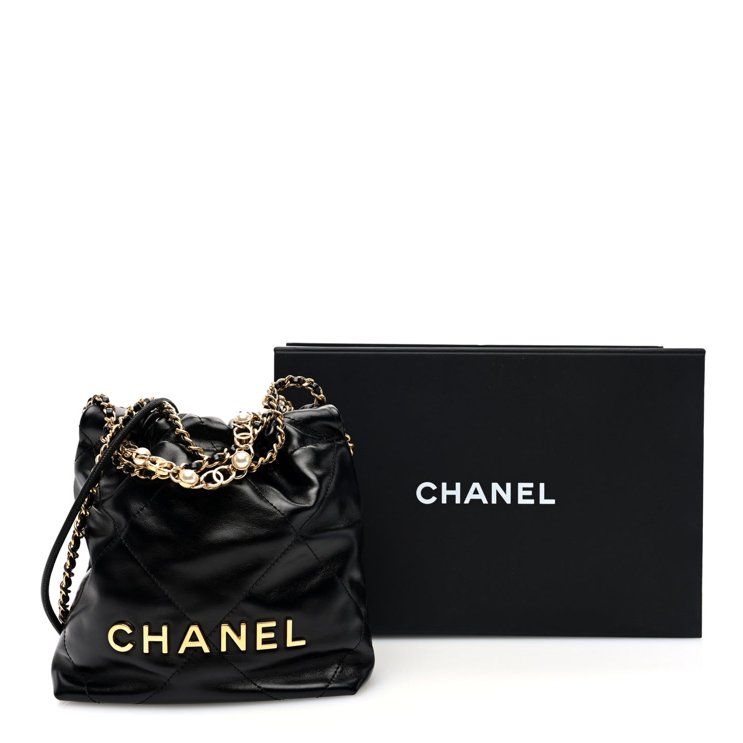 Shiny Calfskin Quilted Pearl CC Chain Mini Chanel 22 Black