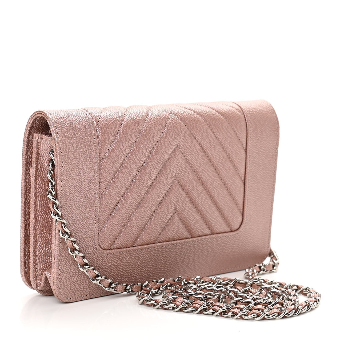 Metallic Caviar Chevron Quilted Vintage Mademoiselle Wallet On Chain WOC Pink