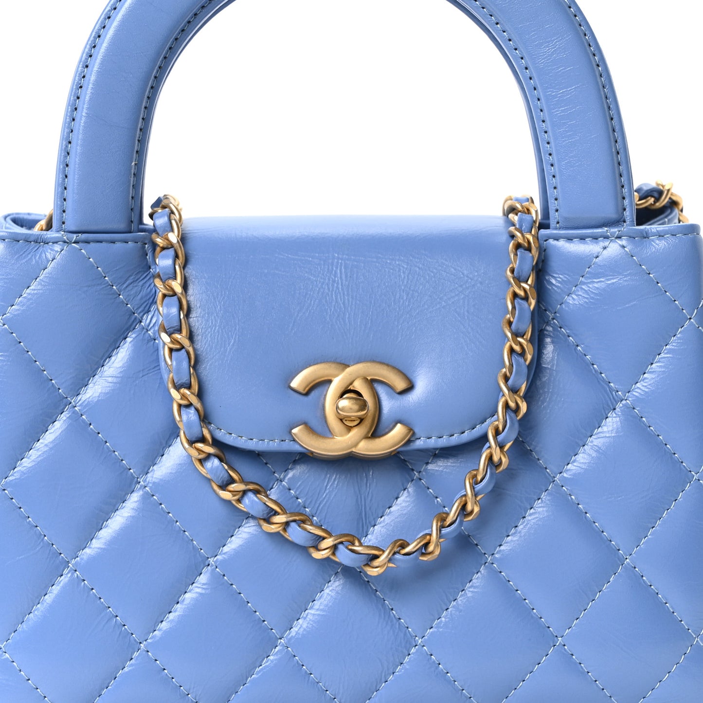 Shiny Aged Calfskin Quilted Nano Kelly Shopper Blue Blue