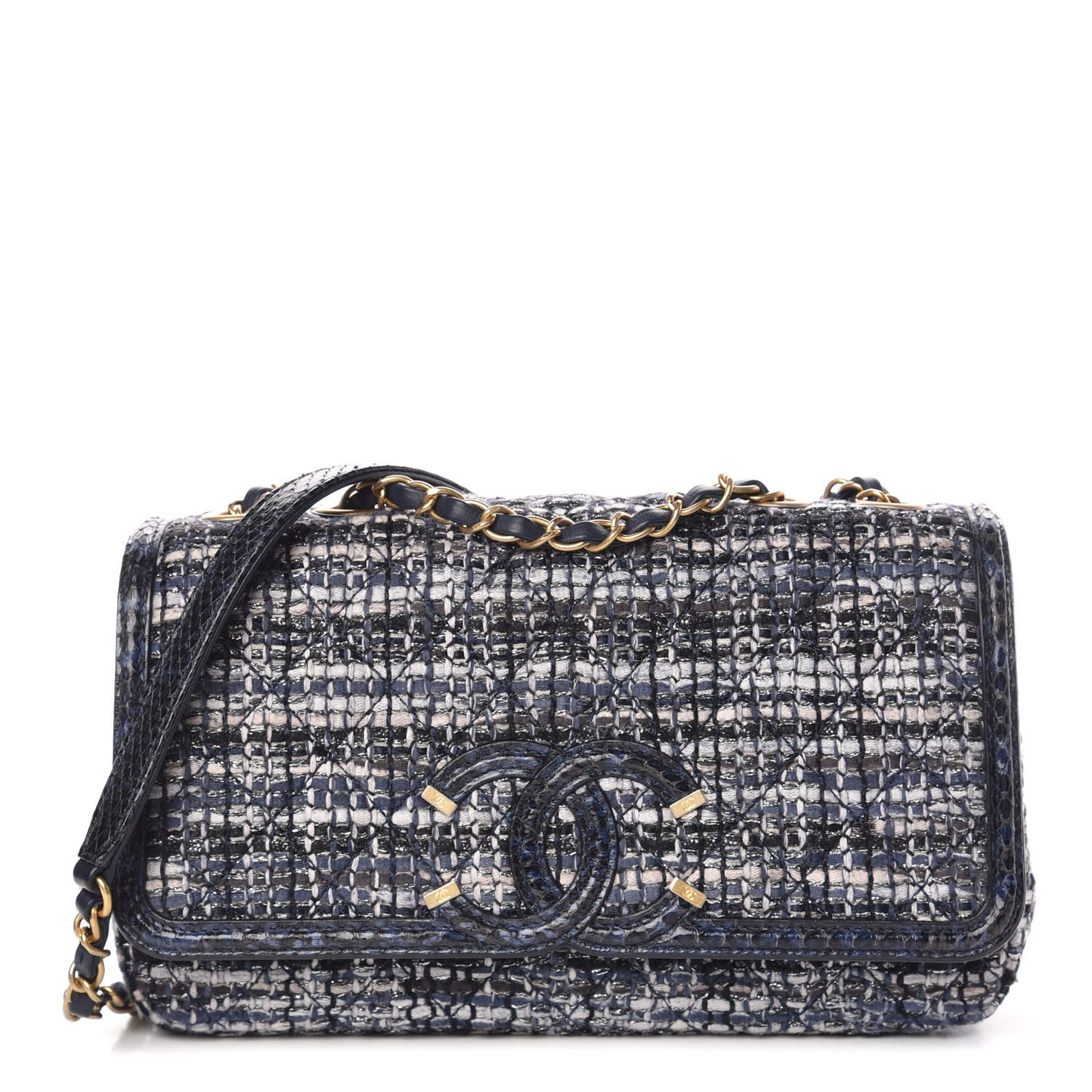 Tweed Watersnake Quilted Medium CC Filigree Flap Blue Black Ecru Silver