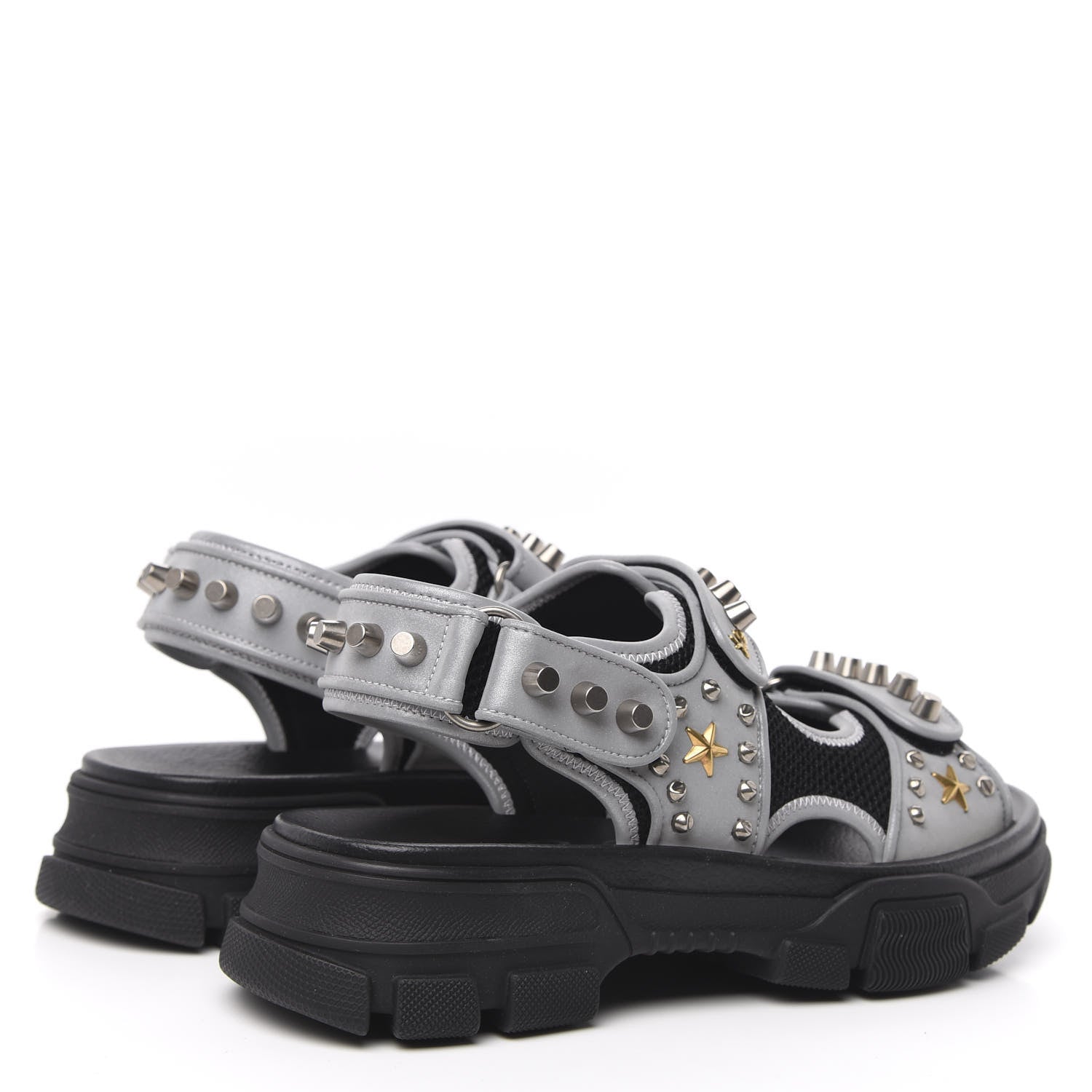 Gucci Technical Canvas Calfskin Reflective Studded Mens Aguru Sandals 7 Silver Black 4 of 7