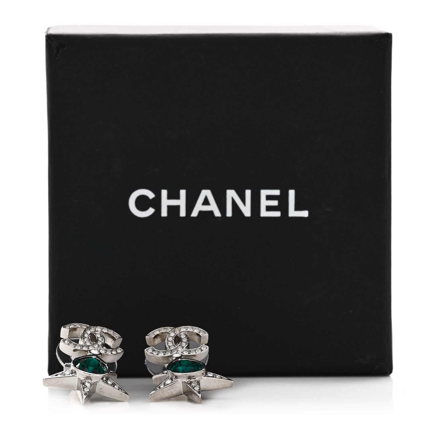 Chanel Crystal CC Star Drop Earrings Silver Green 5 of 5