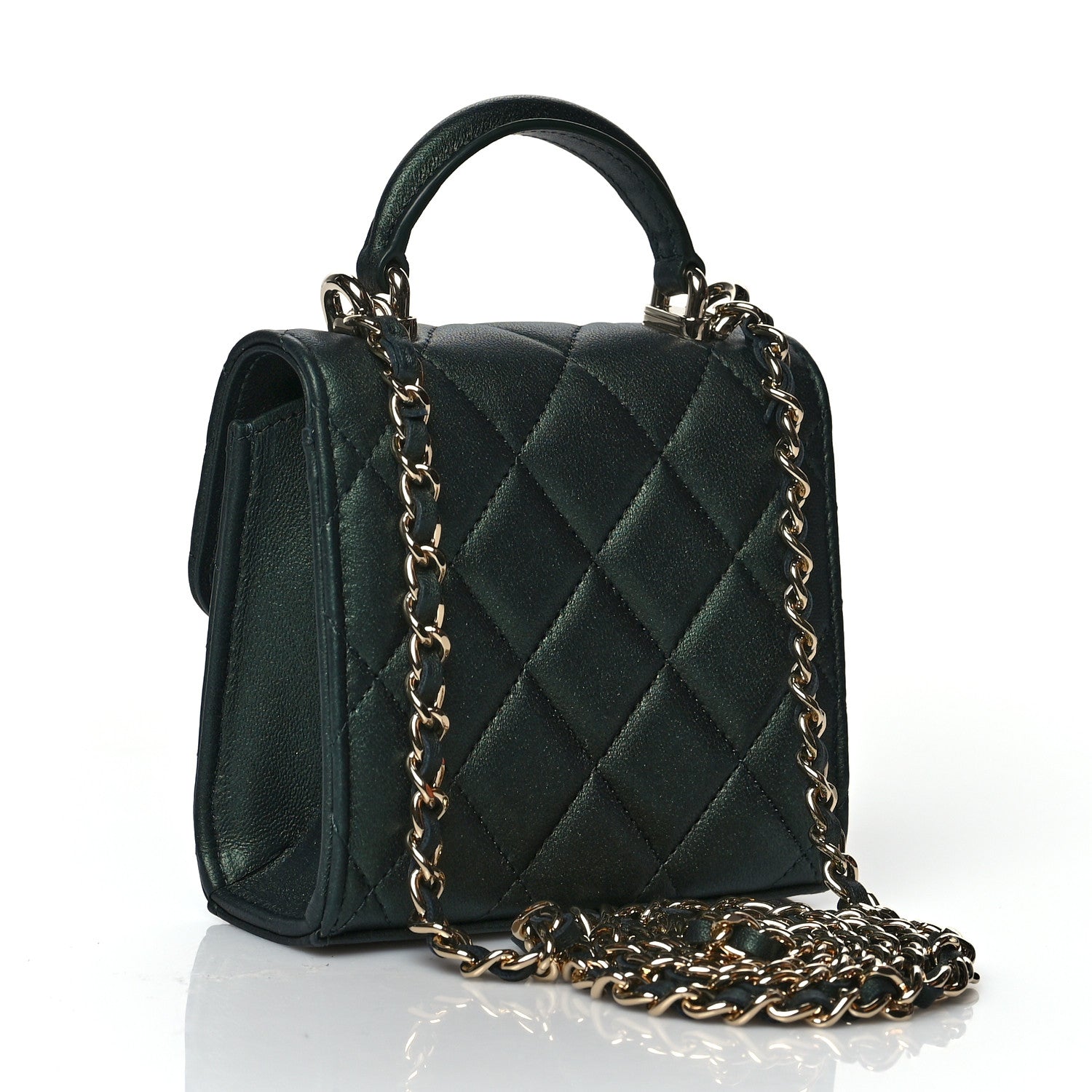 Chanel Iridescent Lambskin Quilted Top Handle Flap Clutch With Chain Dark Green 3 of 10