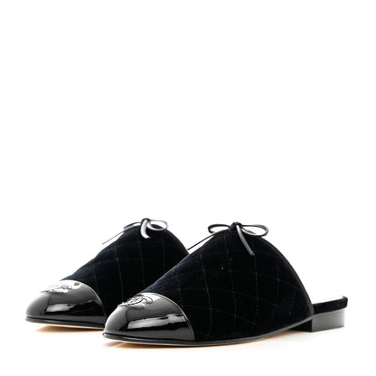 Chanel Velvet Patent Quilted Cap Toe Womens CC Mules 36.5 Black 3 of 11