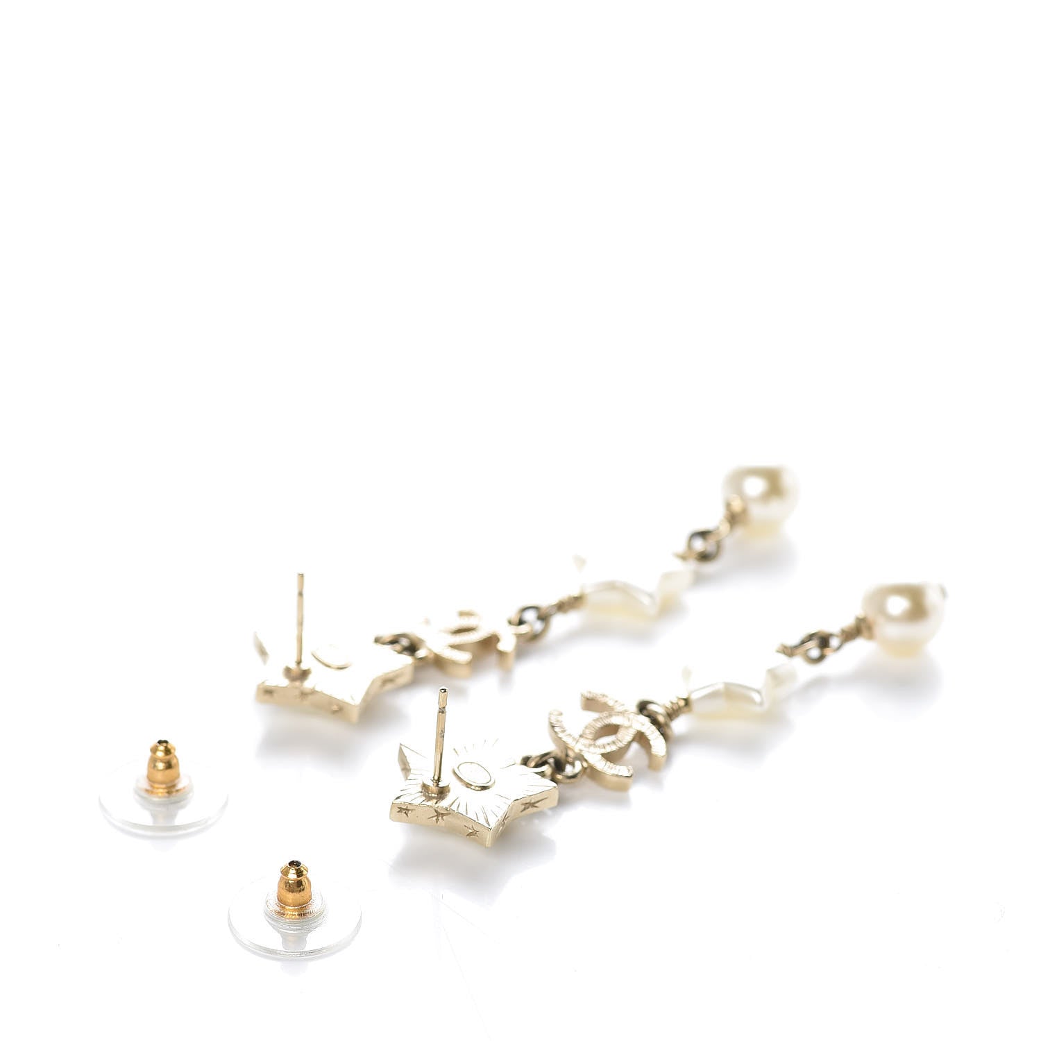Chanel Metal Resin Pearl CC Star Dangle Earrings Gold 3 of 4