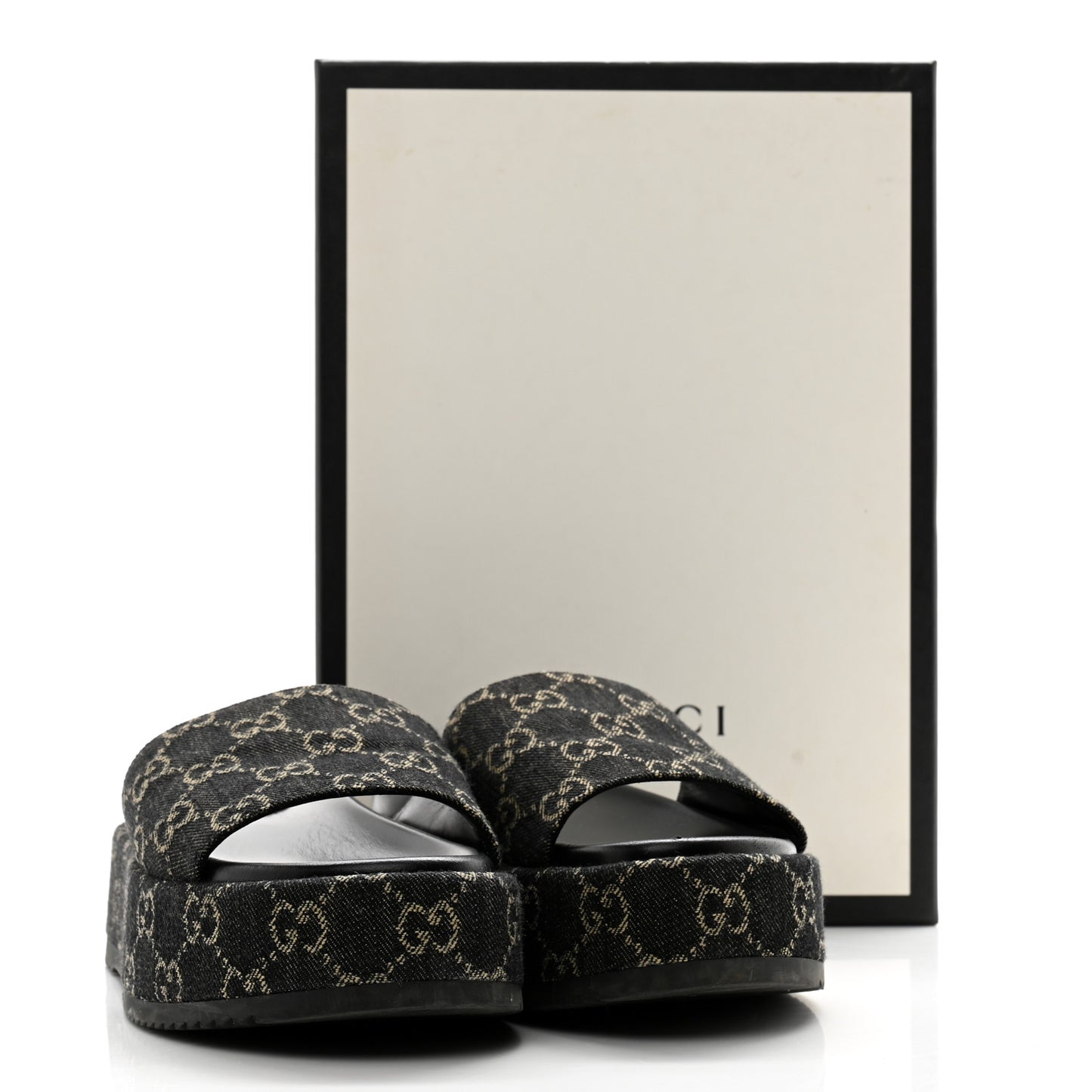Jacquard Black Denim GG Monogram Angelina Platform 55mm Slide Sandals 37.5 Black Ivory