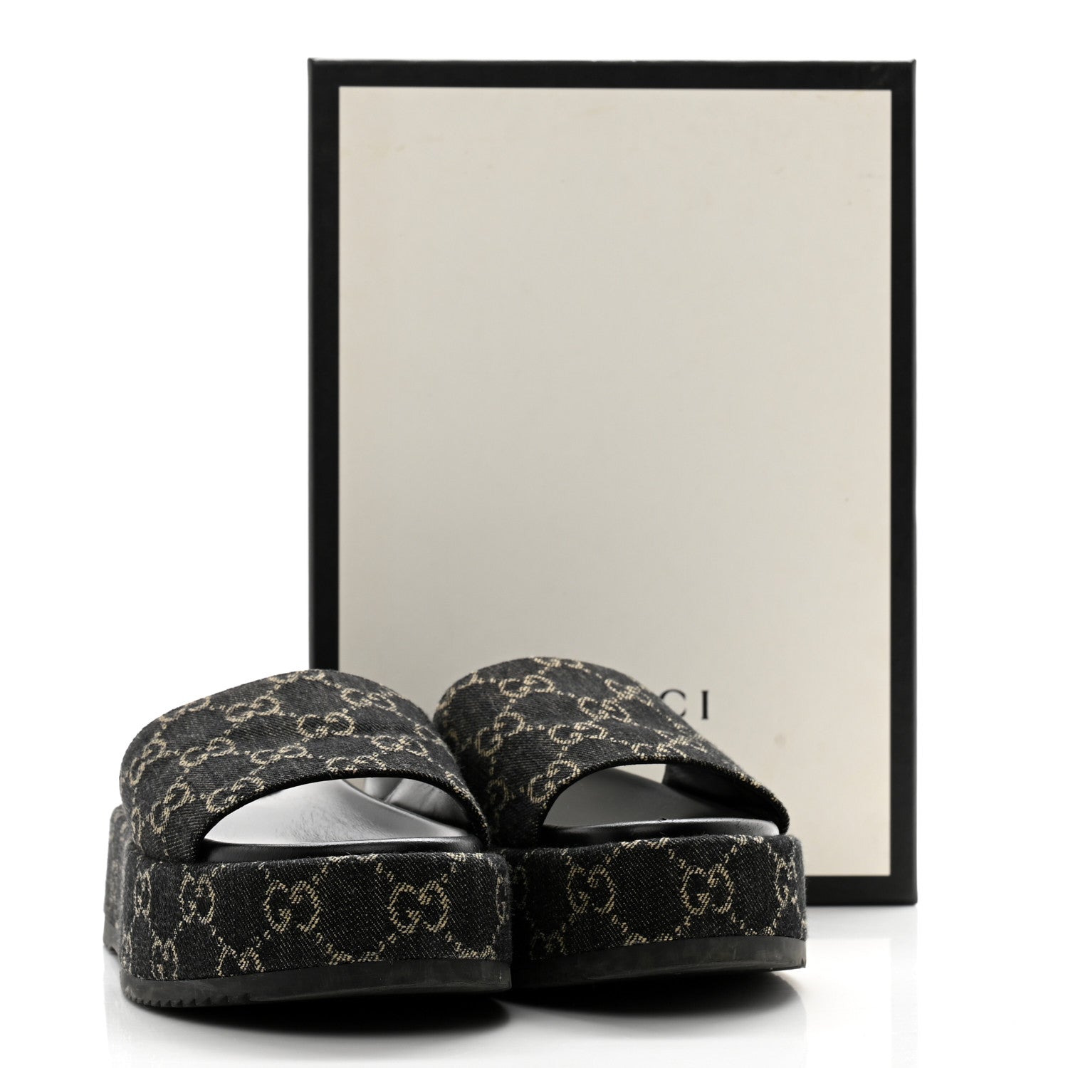Gucci Jacquard Black Denim GG Monogram Angelina Platform 55mm Slide Sandals 37.5 Black Ivory 10 of 10