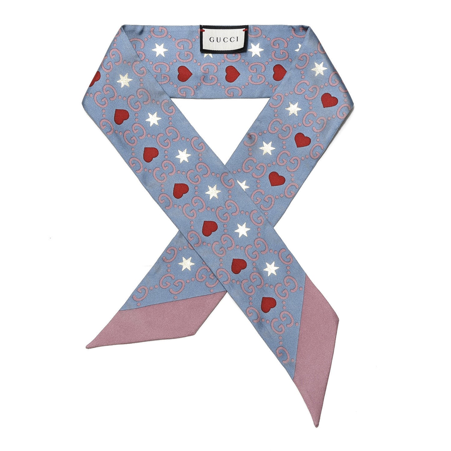 Silk Heart and Star Print Neck Bow Scarf Blue