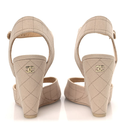 Chanel Canvas Quilted Peep Toe Wedge Sandals 39 Beige 6 of 12