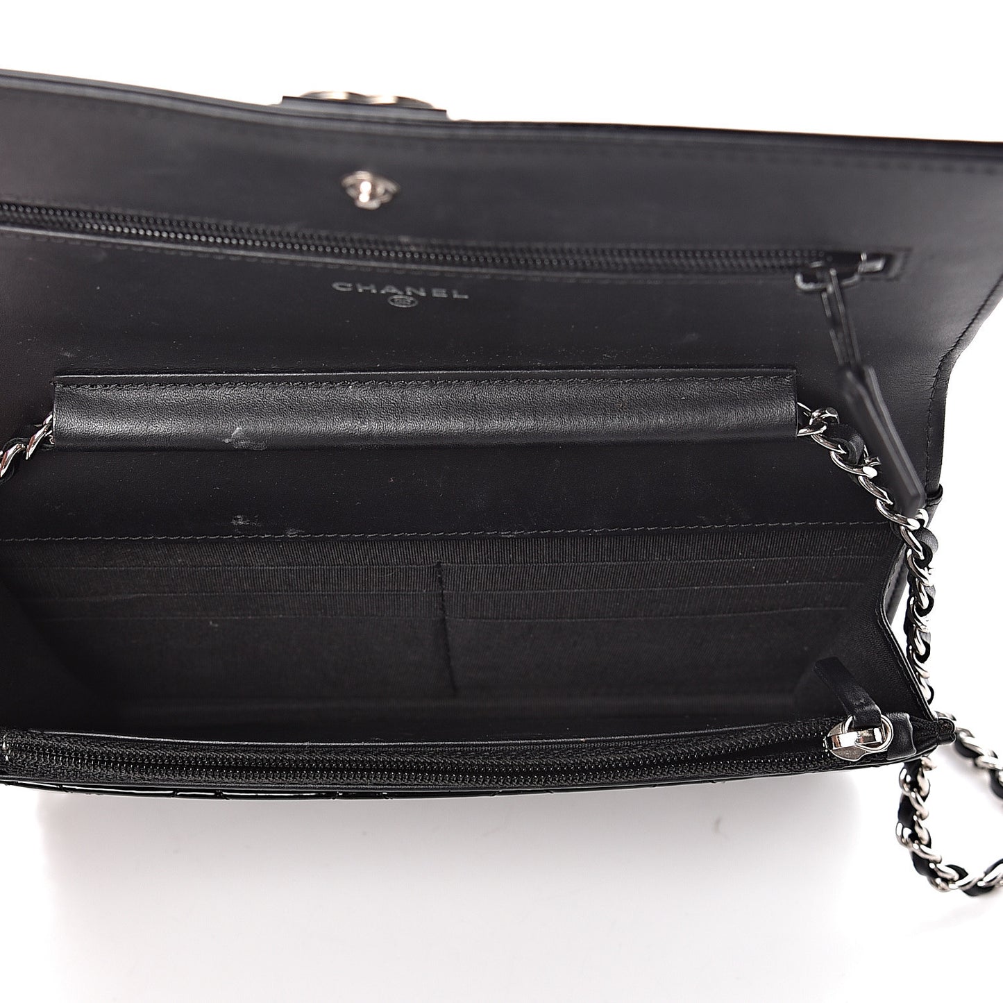 Patent Calfskin Quilted Boy Wallet On Chain WOC Black
