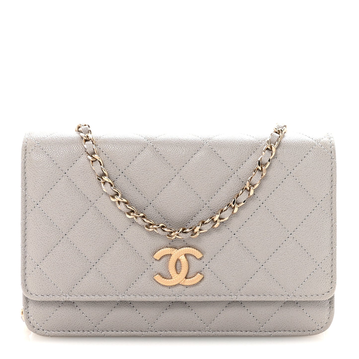 Caviar Quilted Studded CC Wallet On Chain WOC Grey