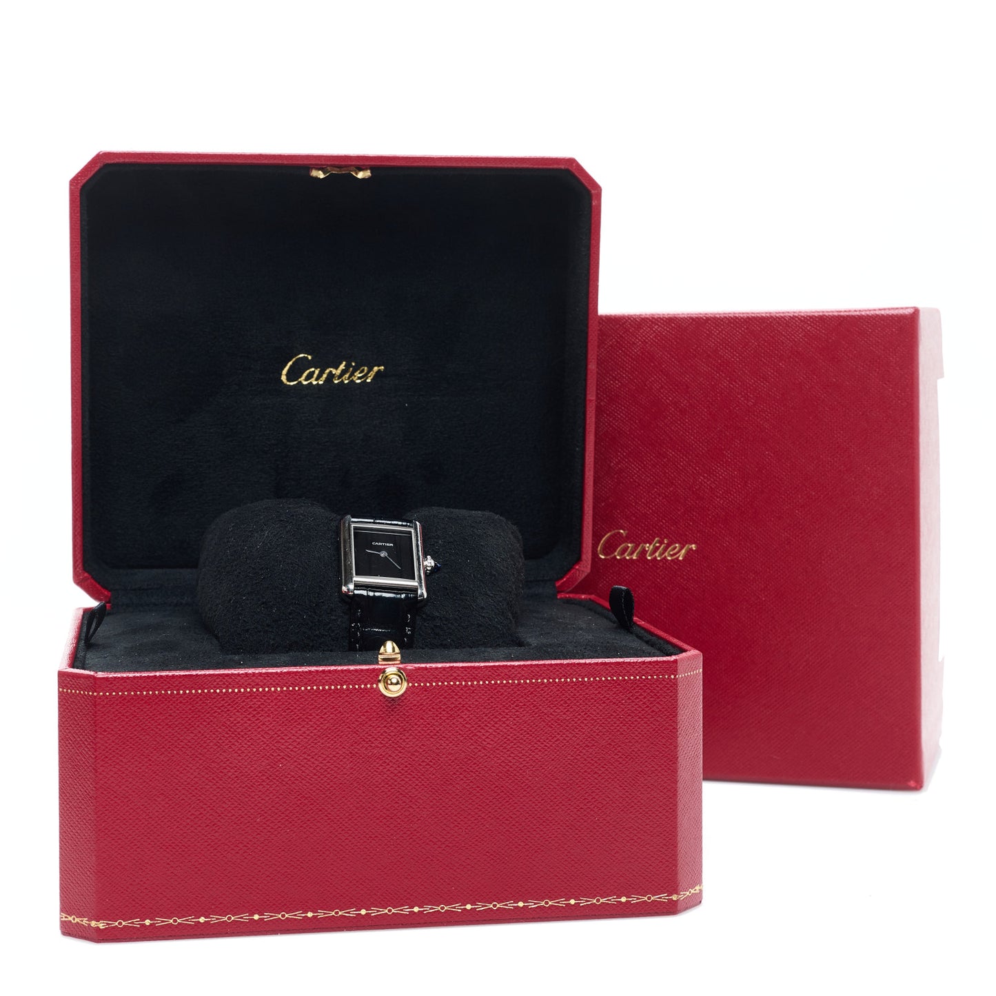 Stainless Steel Alligator 22mm Must de Cartier Tank Quartz Watch Black