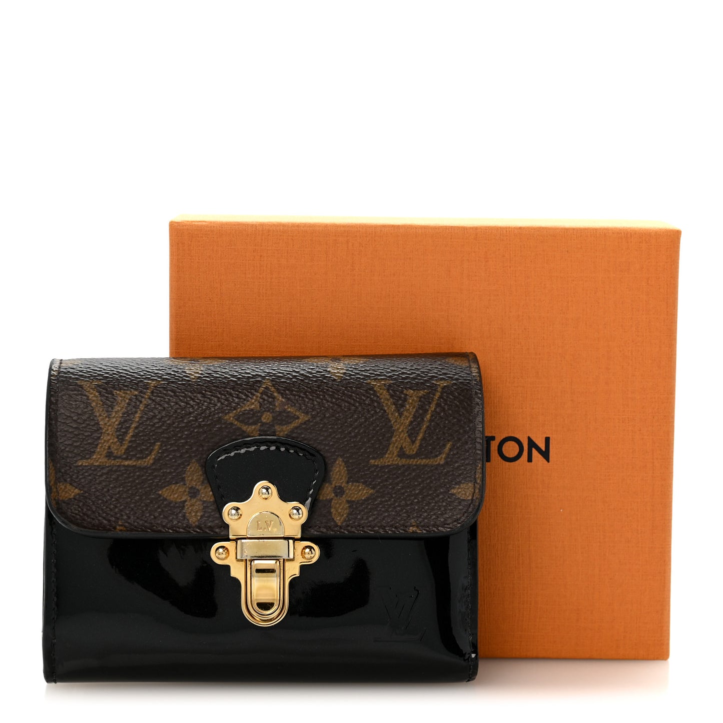 Patent Calfskin Monogram Cherrywood Compact Wallet Black