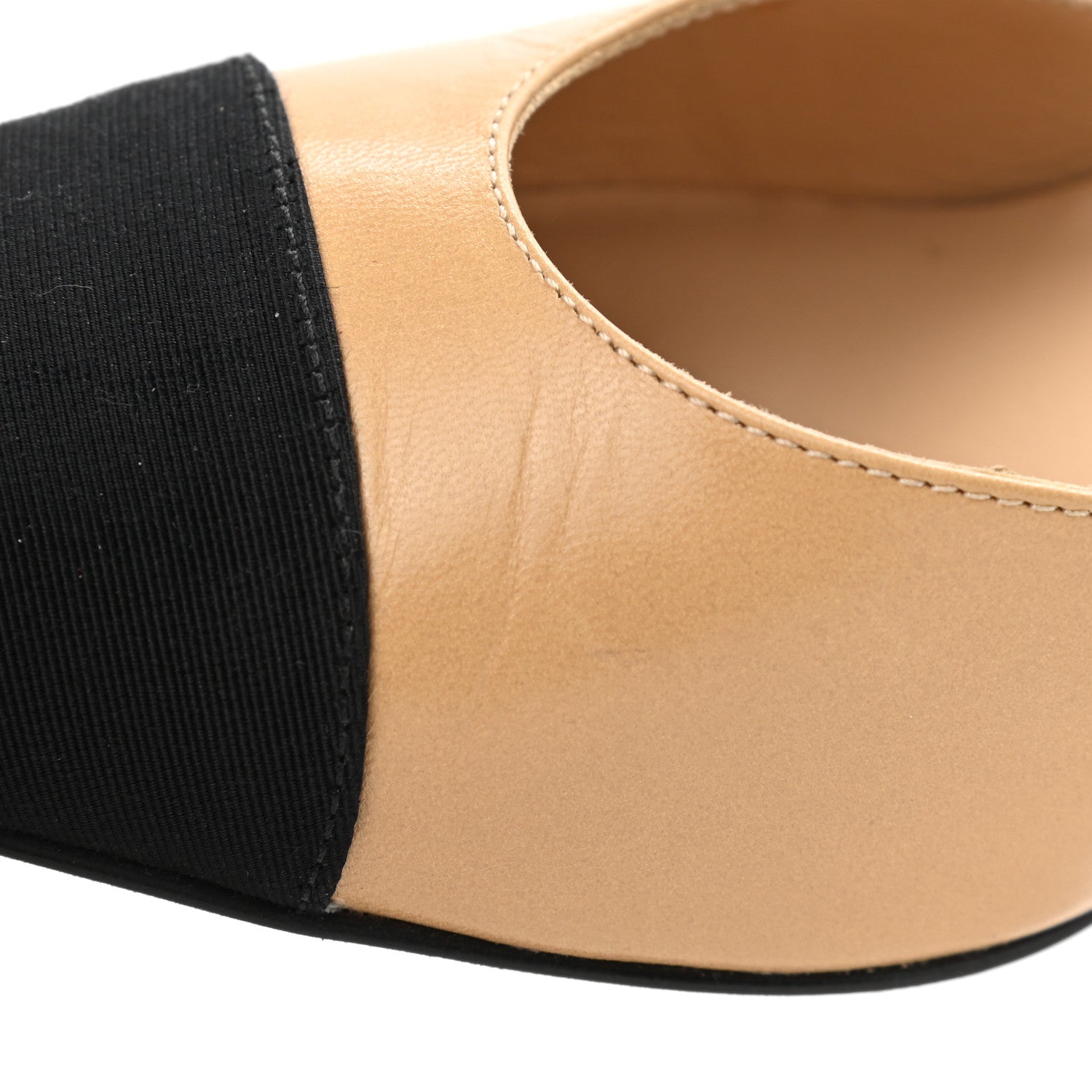 Chanel Goatskin Grosgrain Cap Toe CC Slingback Pumps 37.5 Beige Black 13 of 13