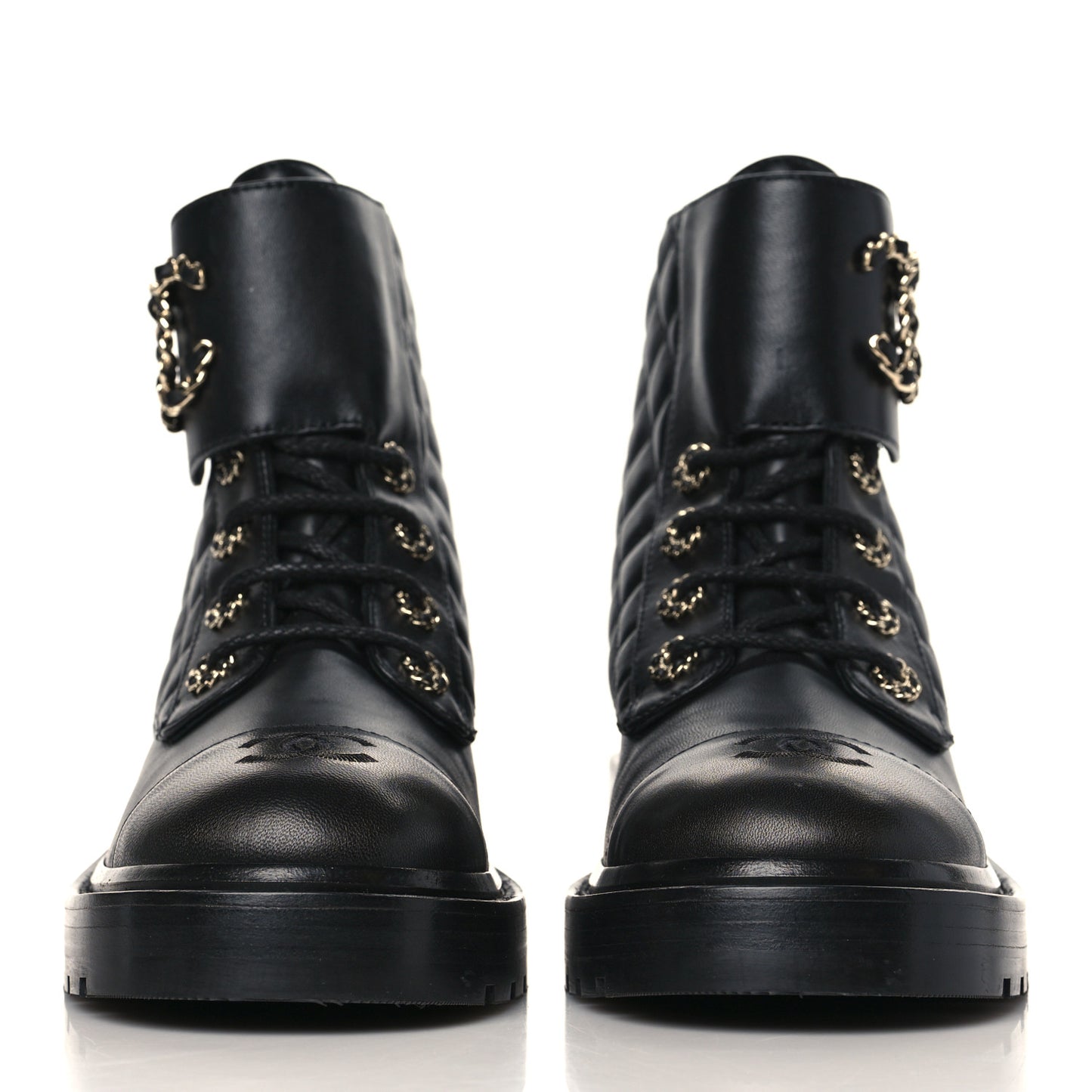 Shiny Lambskin Quilted Lace Up Combat Boots 38.5 Black
