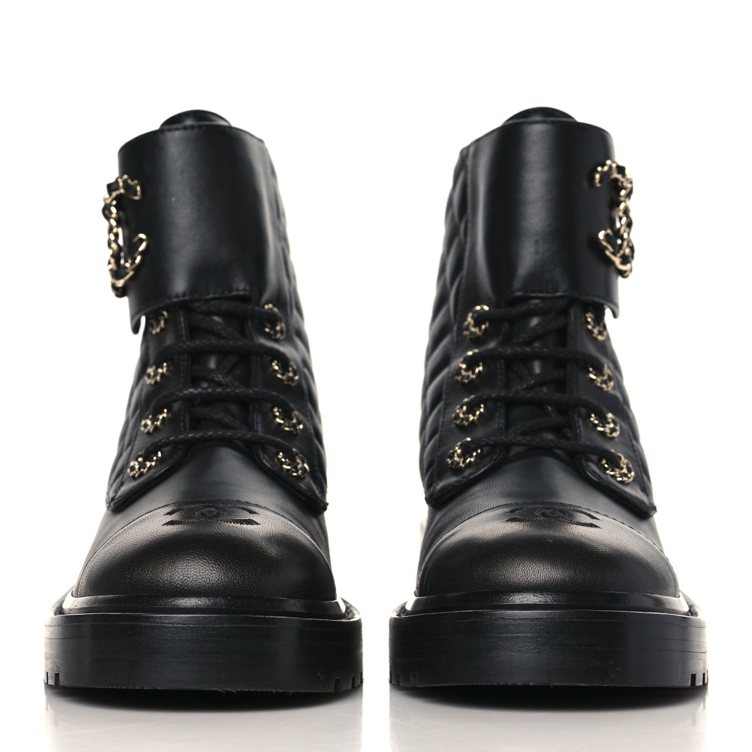 Chanel Shiny Lambskin Quilted Lace Up Combat Boots 38.5 Black 3 of 8