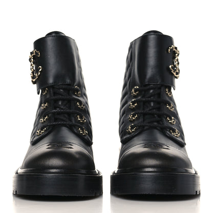 Chanel Shiny Lambskin Quilted Lace Up Combat Boots 38.5 Black 3 of 8
