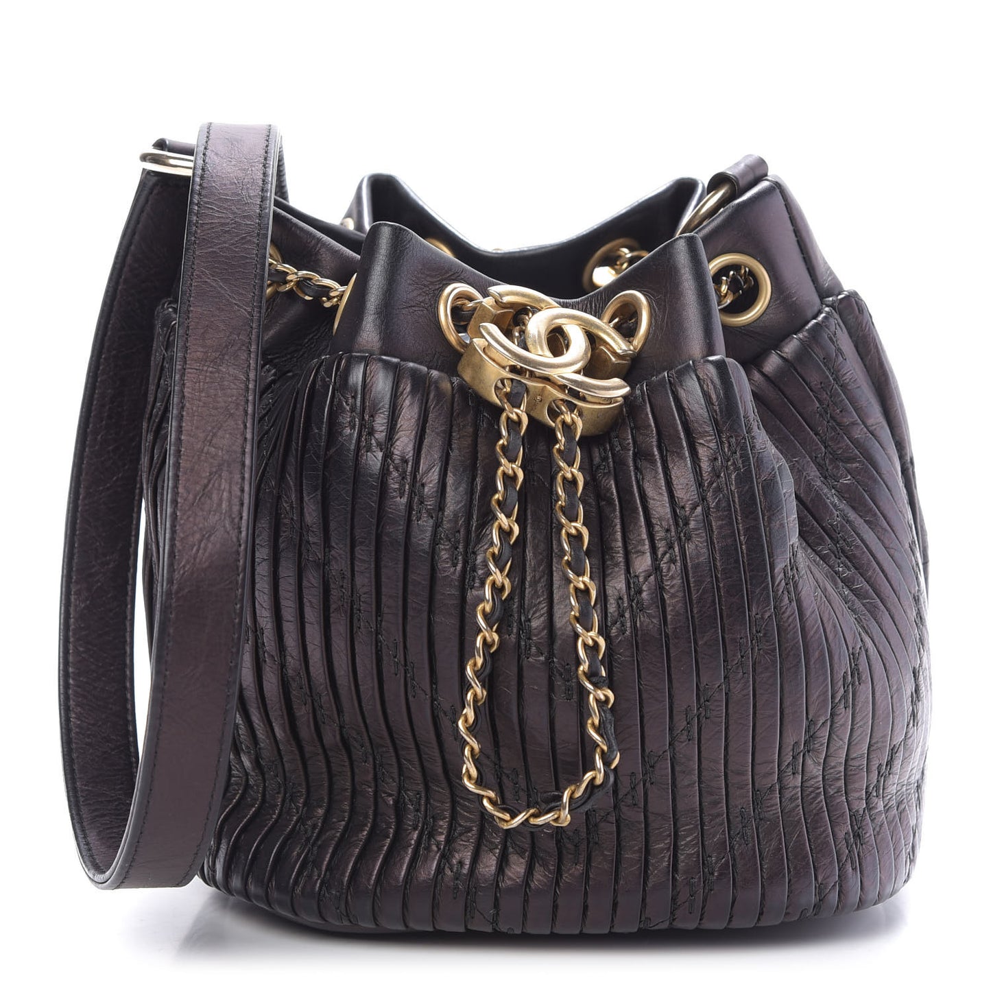Iridescent Crumpled Calfskin Coco Pleats Small Drawstring Bag Black