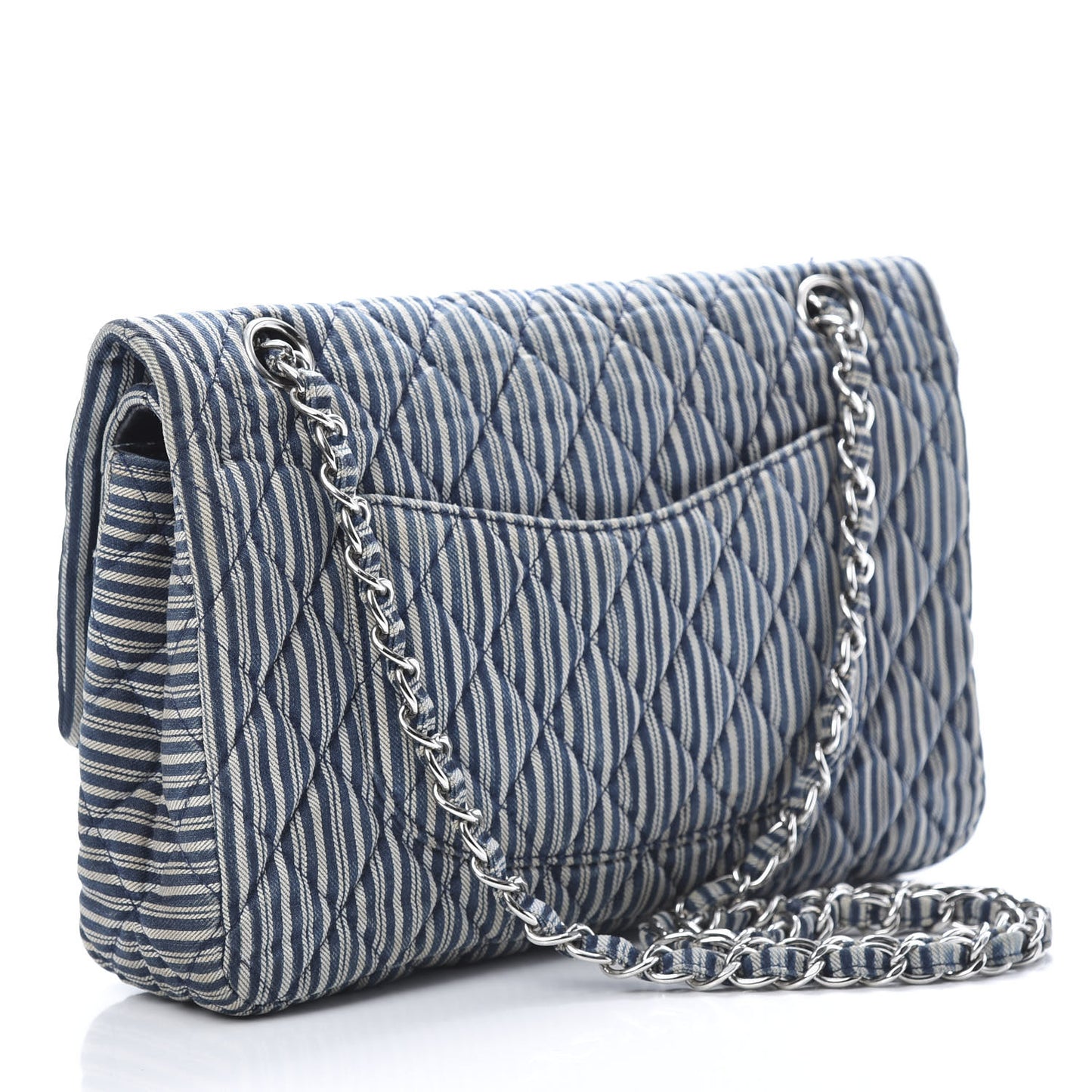 Denim Striped Quilted Medium Double Flap Navy White