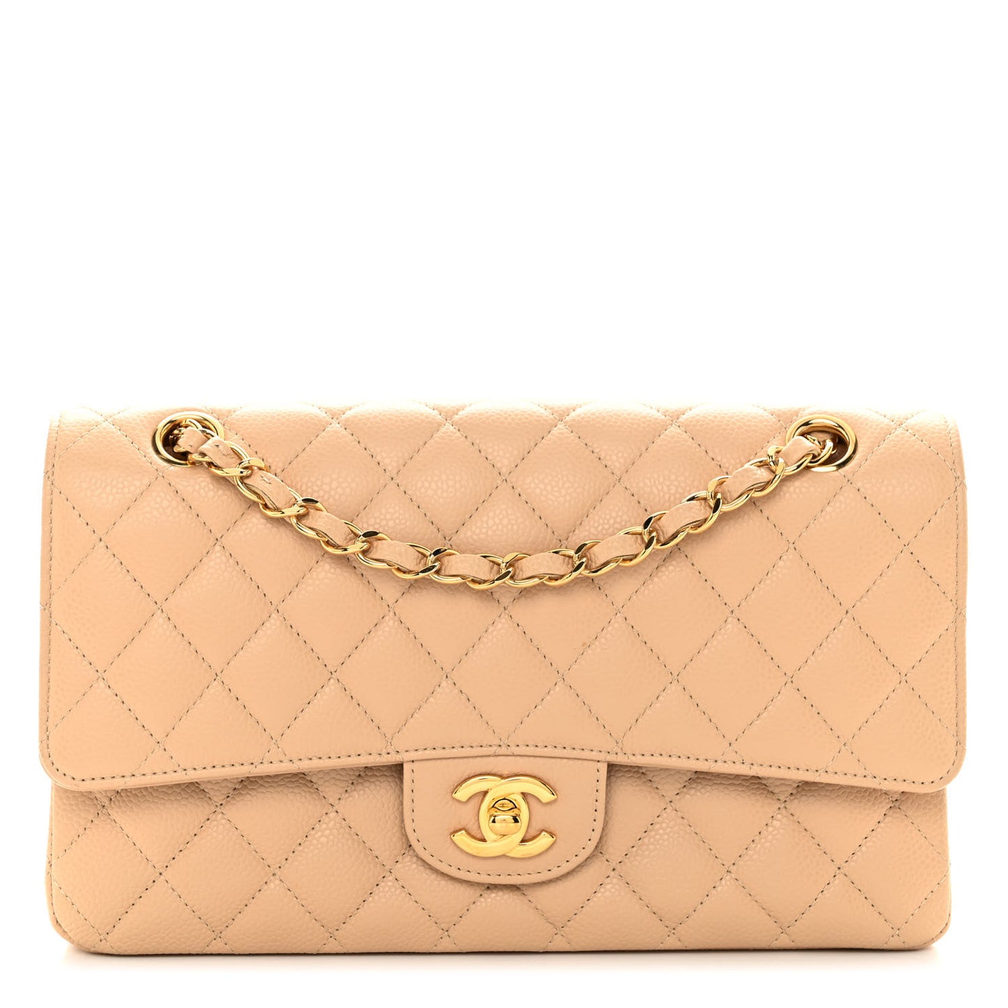 Caviar Quilted Medium Double Flap Beige