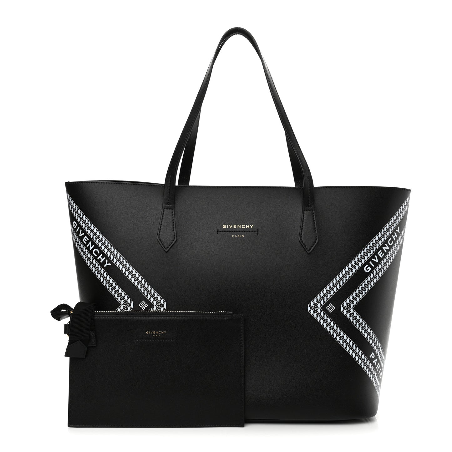 Smooth Calfskin Logo Chain Wing Shopper Tote Black White