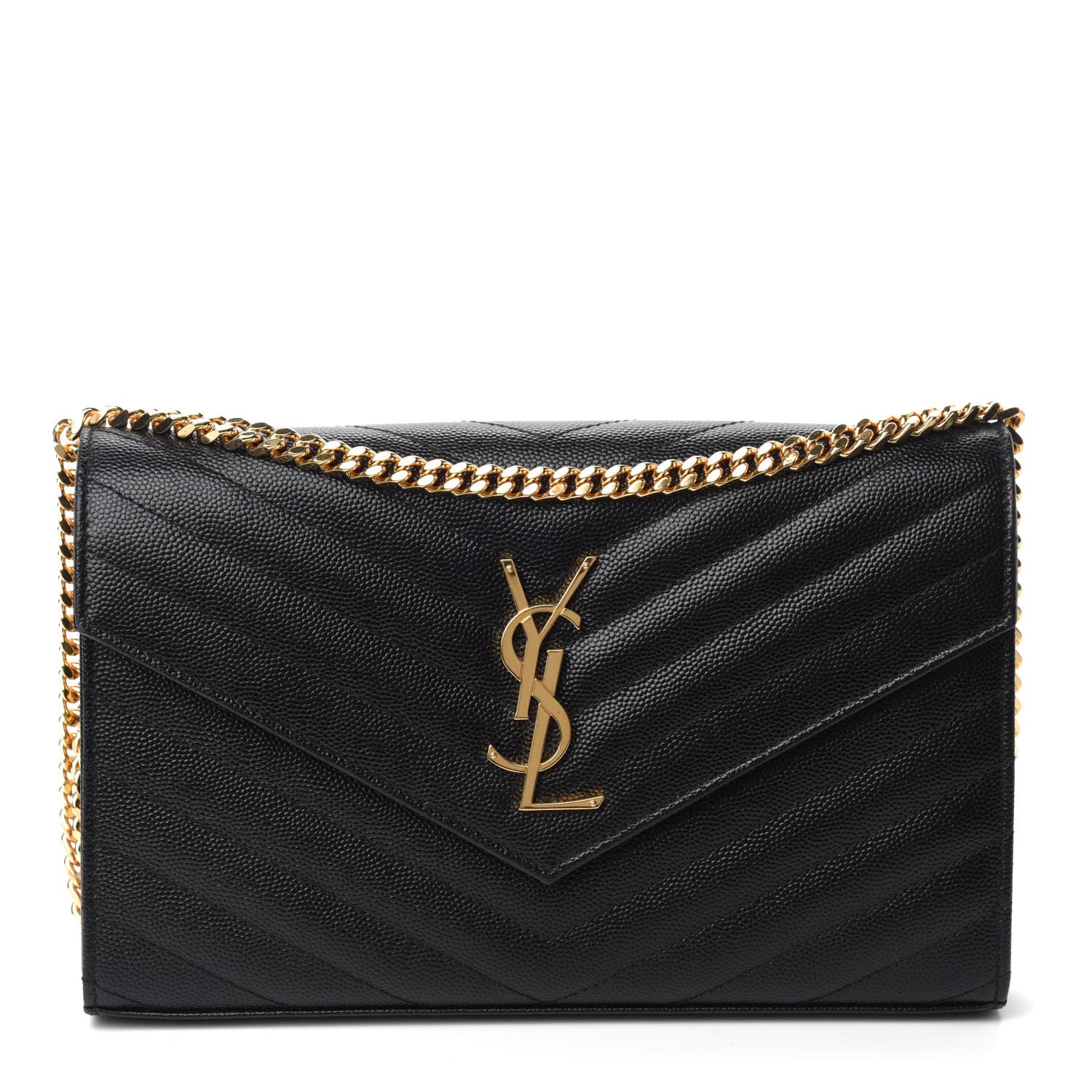 Saint Laurent Grain De Poudre Matelasse Chevron Monogram Chain Wallet Black 1 of 12