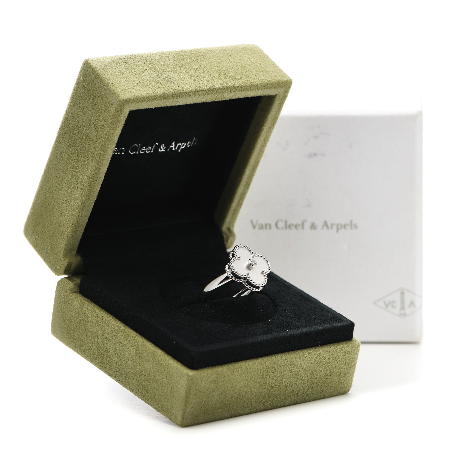 Van Cleef & Arpels 18K White Gold Diamond Mother of Pearl Vintage Alhambra Ring 52 6 6 of 6