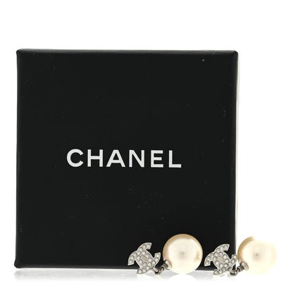 Chanel Crystal Pearl CC Drop Earrings Silver Pearly White 4 of 4