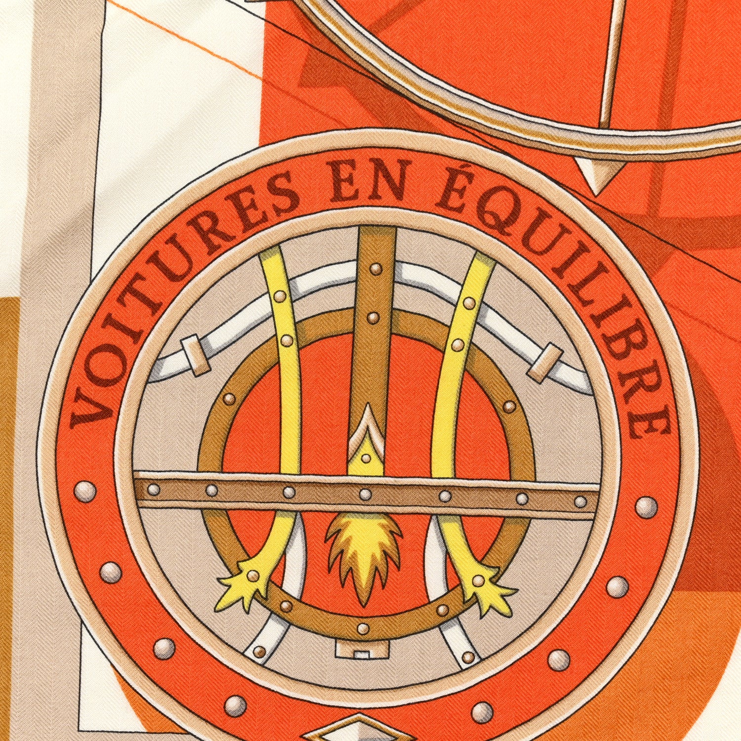 Hermes Cashmere Silk Voitures en Equilibre Shawl 140 Blanc Orange Cuit White Orange Cuit Jaune 5 of 5