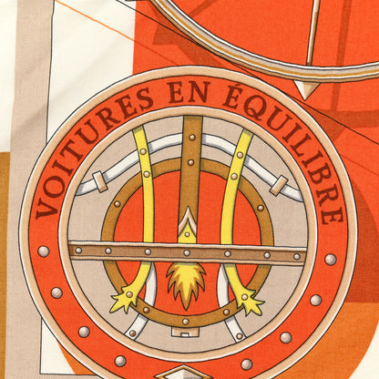 Hermes Cashmere Silk Voitures en Equilibre Shawl 140 Blanc Orange Cuit White Orange Cuit Jaune 5 of 5