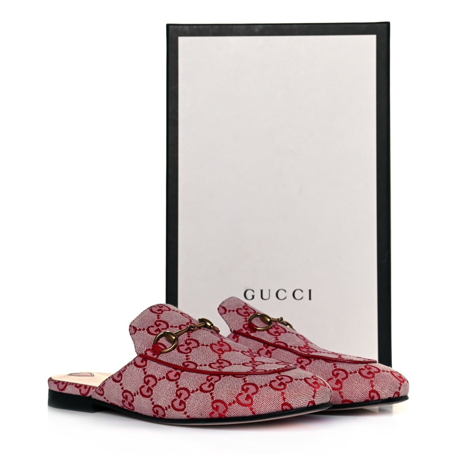 Canvas GG Monogram Horsebit Womens Princetown Slippers 38.5 Gardenia Hibiscus Red