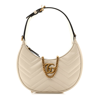 Gucci Calfskin Matelasse Chevron Mini GG Marmont Half Moon Hobo Mystic White 1 of 9