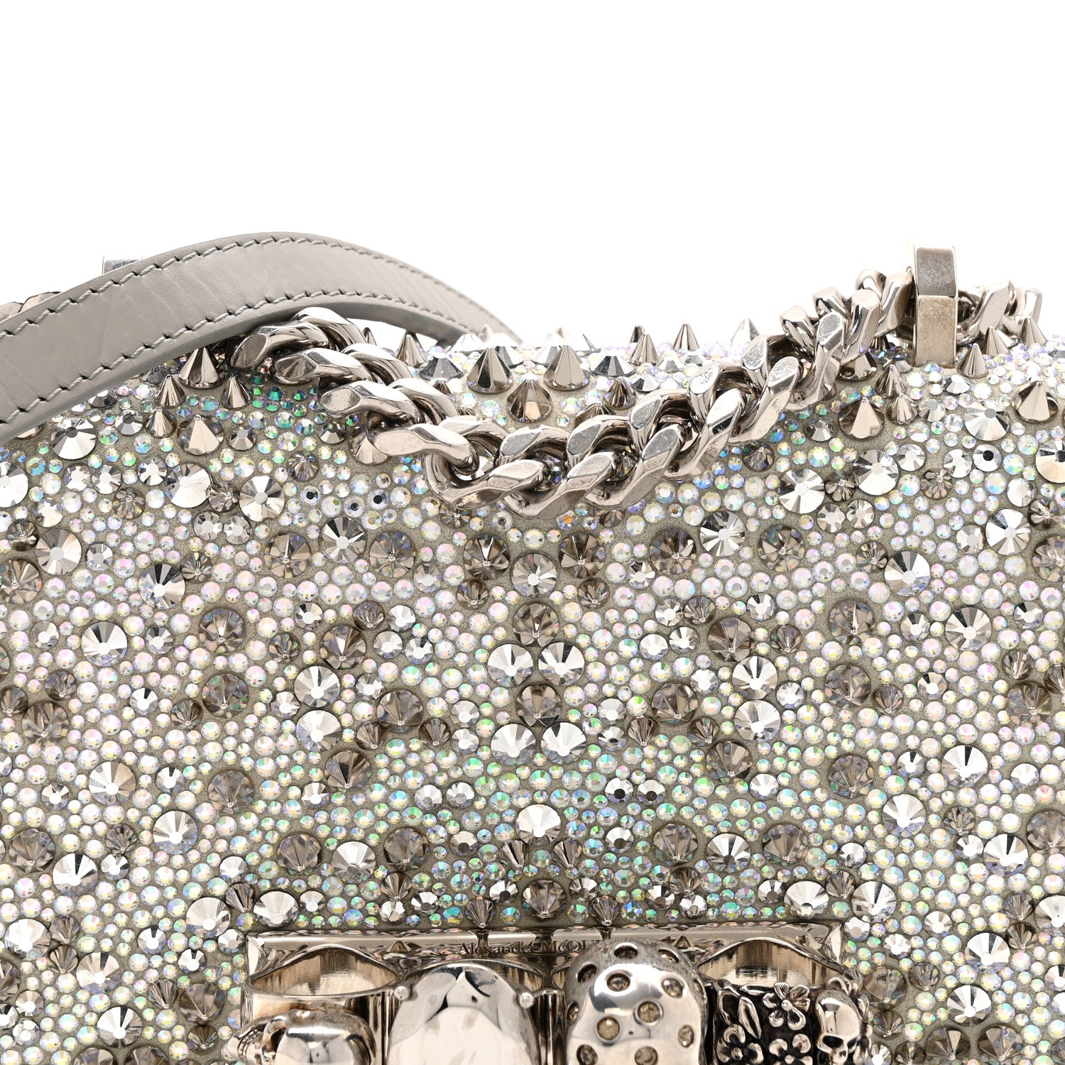 Alexander McQueen Suede Calfskin Crystal Studded Mini Jeweled Knuckle Satchel Silver 8 of 13
