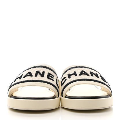 Chanel Lambskin Embroidered Logo Mules 38.5 Ivory Black 2 of 9