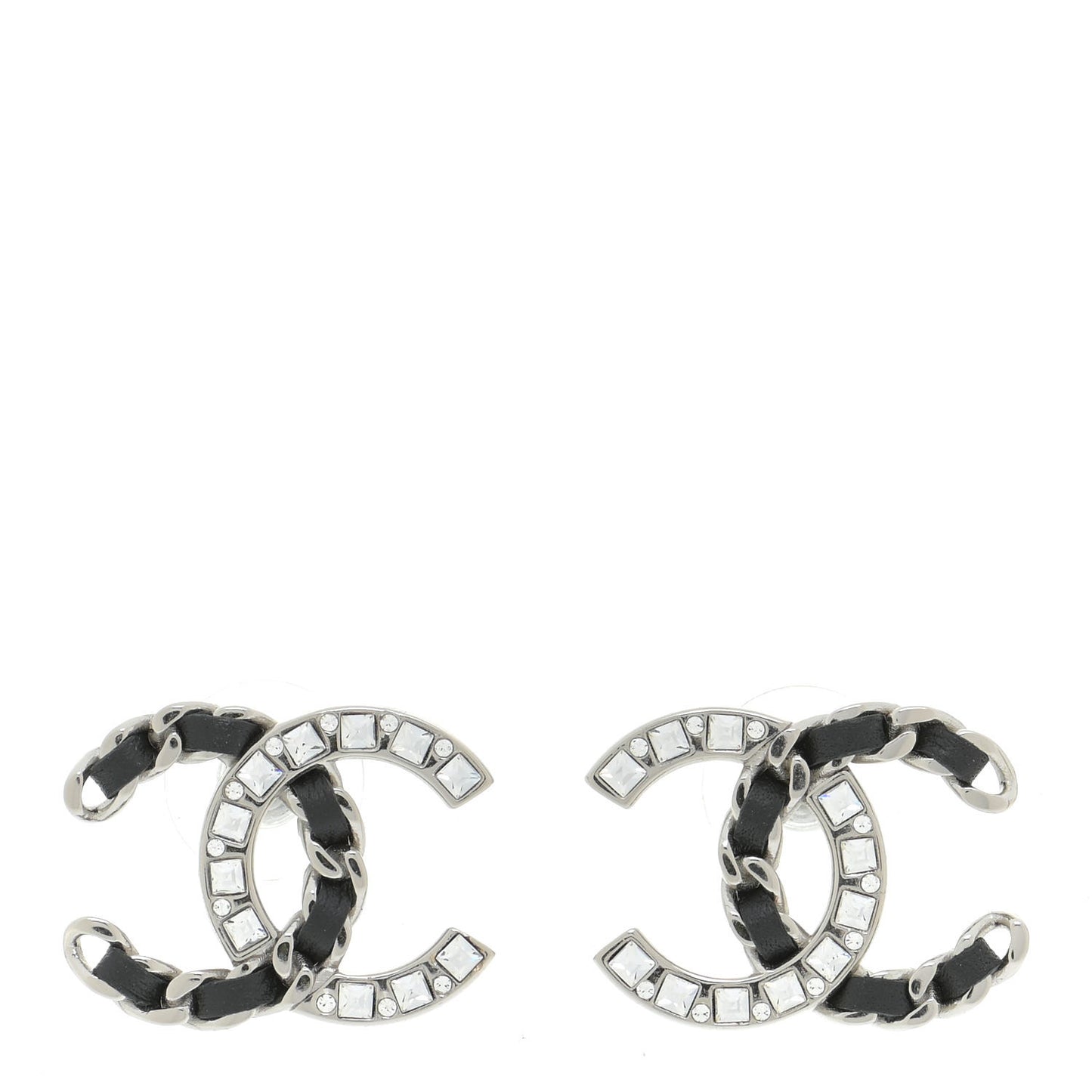 Crystal Baguette Lambskin Large CC Earrings Silver Black