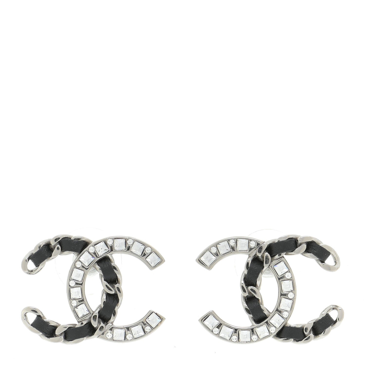 Chanel Crystal Baguette Lambskin Large CC Earrings Silver Black 1 of 6