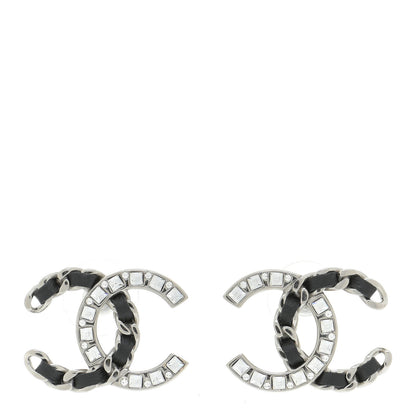Chanel Crystal Baguette Lambskin Large CC Earrings Silver Black 1 of 6