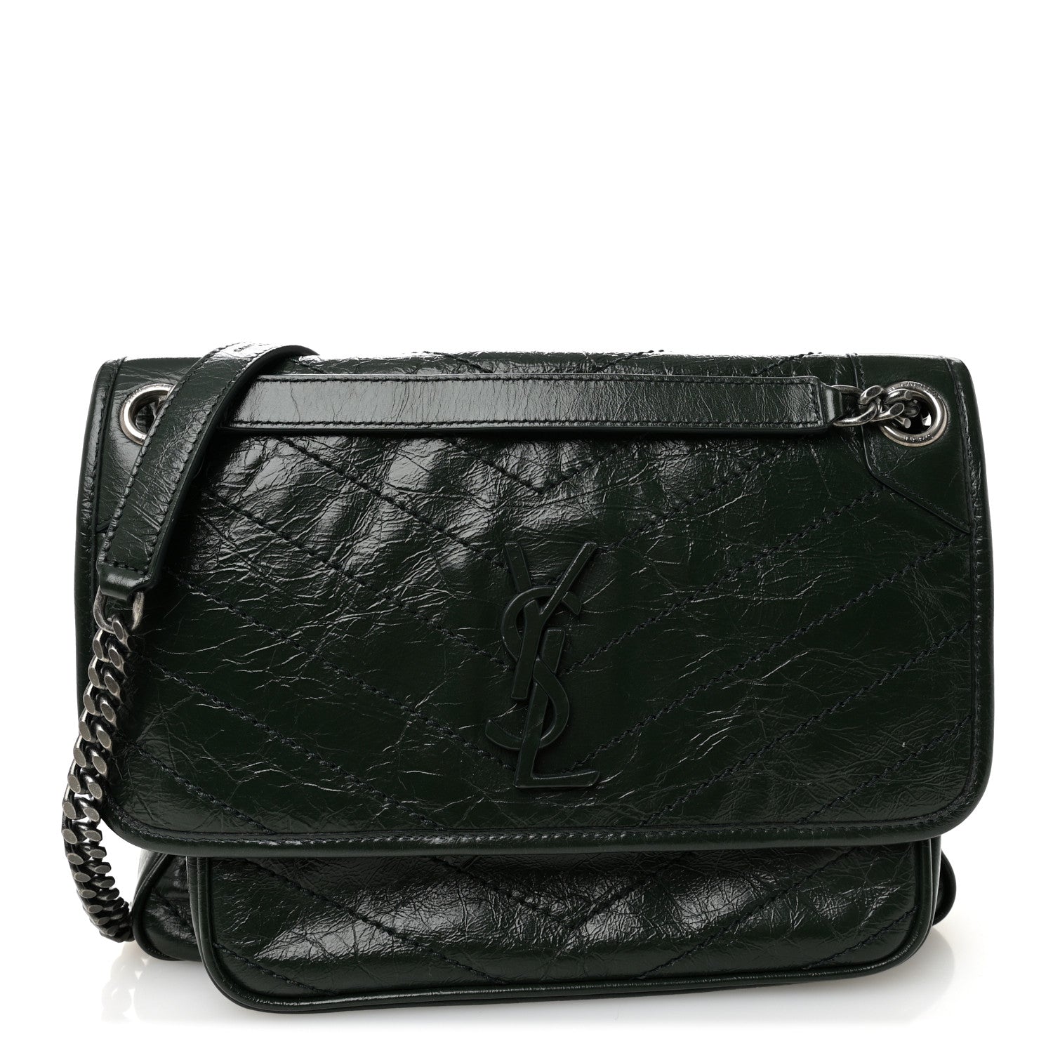 Saint Laurent Crinkled Calfskin Matelasse Monogram Medium Niki Chain Satchel Vert Fonce 1 of 10