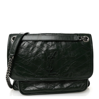 Saint Laurent Crinkled Calfskin Matelasse Monogram Medium Niki Chain Satchel Vert Fonce 1 of 10