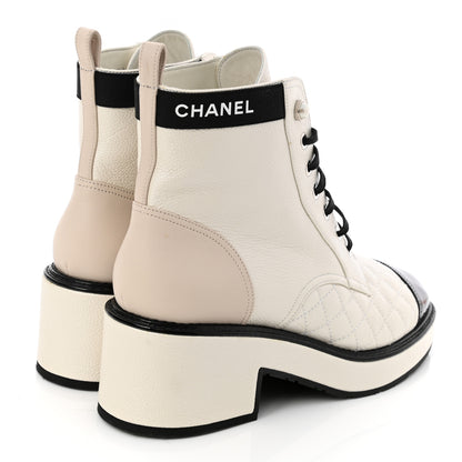 Chanel Pearly Calfskin Patent Calfskin Quilted Lace Up Boots 39 White Light Gray Black 4 of 11
