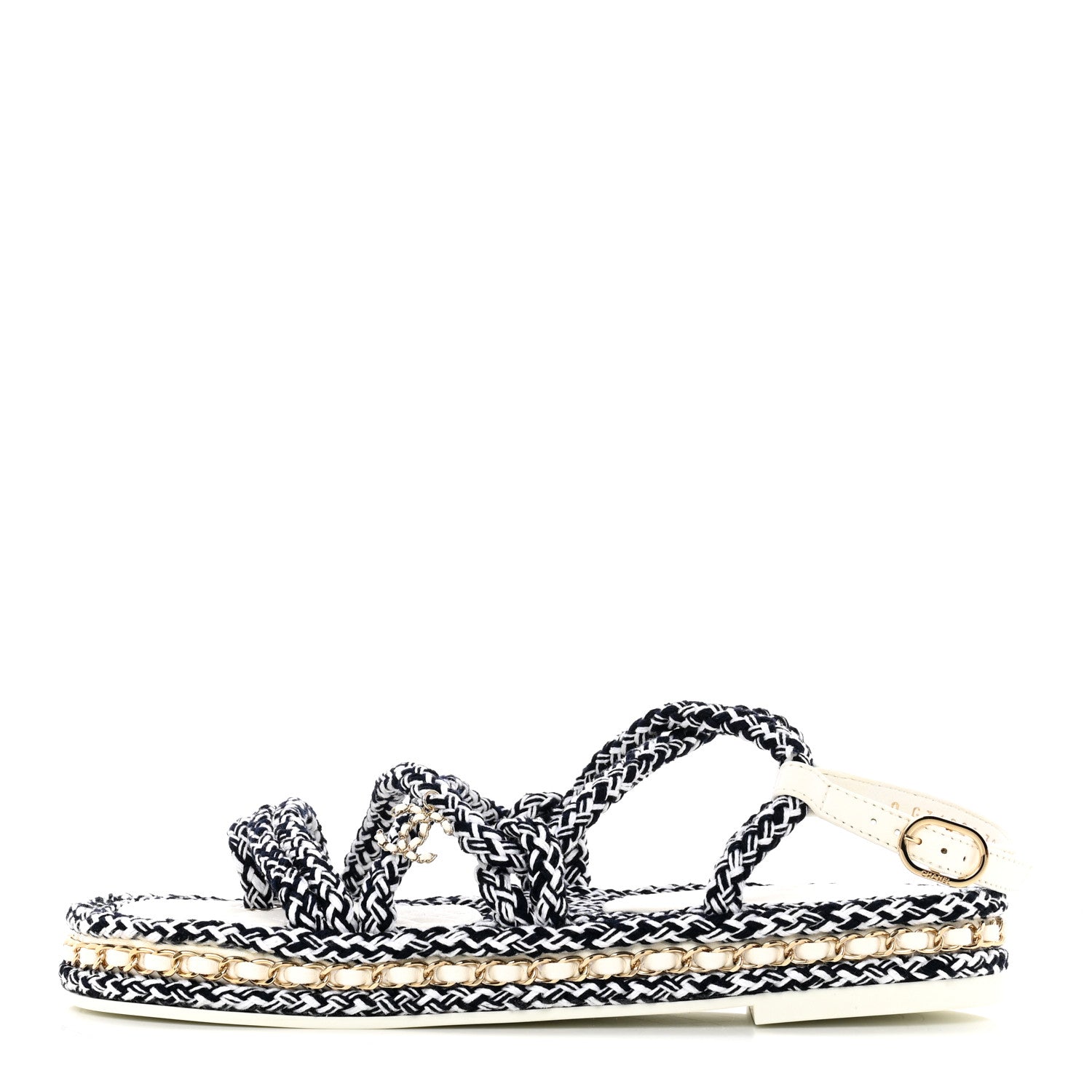 Chanel Lambskin Cord Chain CC Sandals 38 Navy Blue White 1 of 16